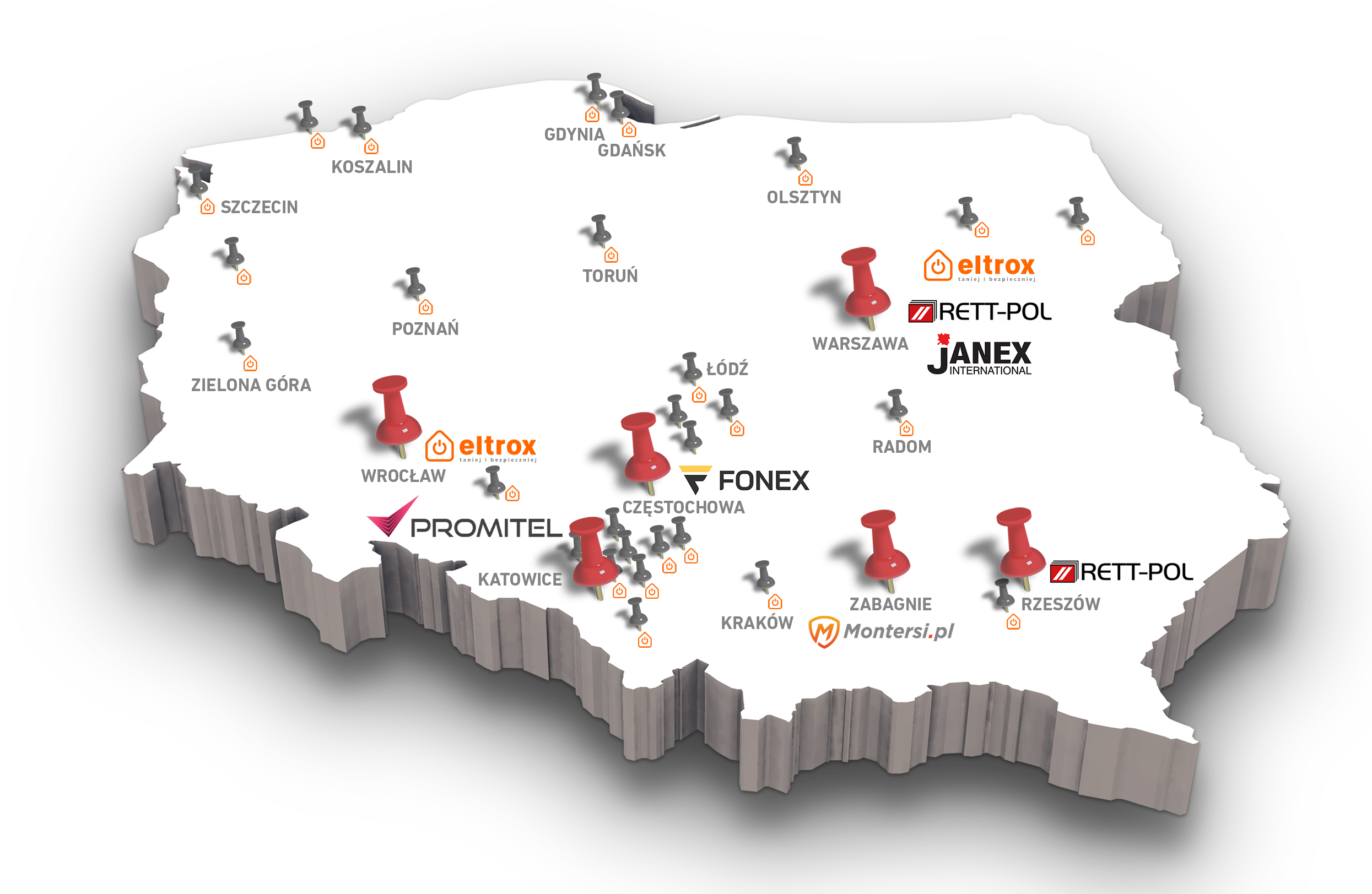 Mapa sieci dystrybutorów uczestniczących w projekcie "Camsat od ręki"