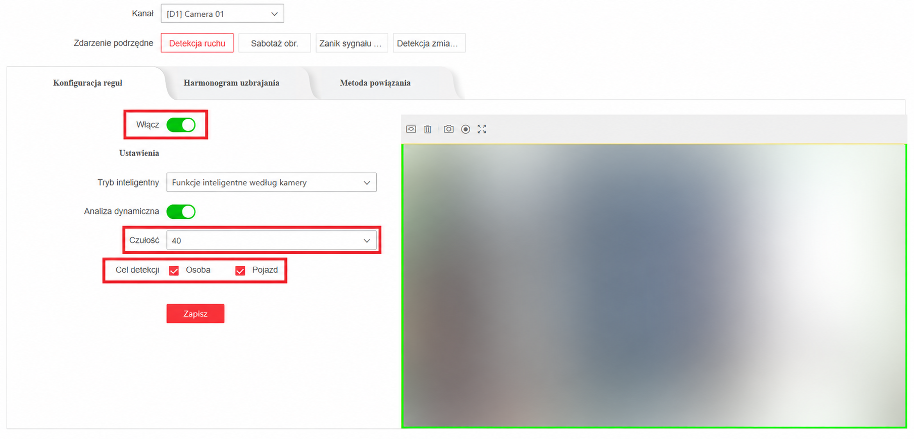 3. Włącz detekcję, ustaw czułość i cel detekcji